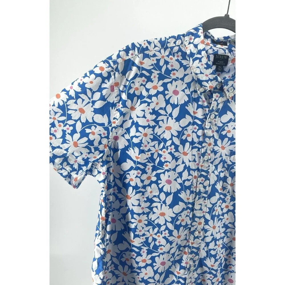 J. Crew Flex Washed Slim Shirt Men’s XL Blue Floral Button Up Cotton Stretch